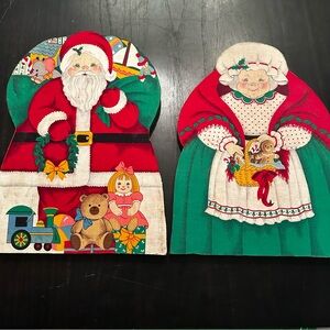 Vintage Wooden Cut Out Santa Mrs Clause Hand Painted Double Sided 1970s 16”